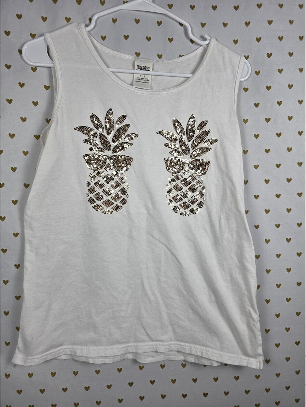 Victorias Secret PINK GOLD BLING PINEAPPLES Tee SHirt Tank Top SMALL